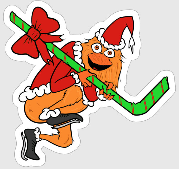 Gritty stealing a hockey stick wrapped in holiday paper.