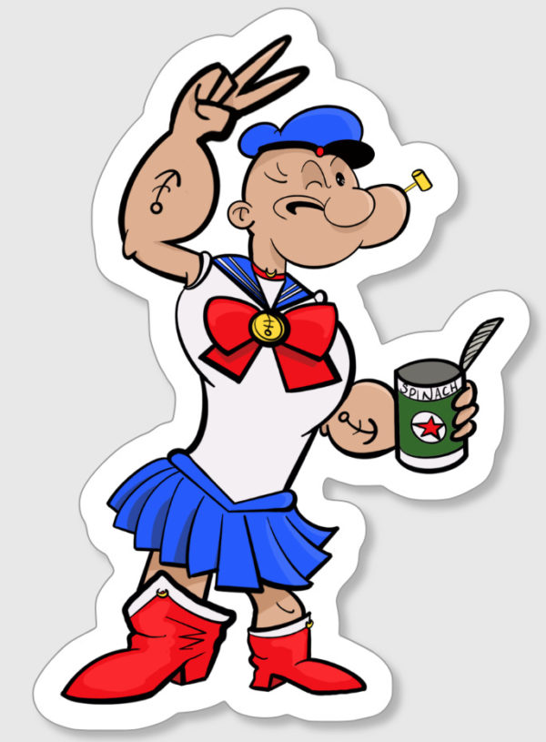 Popeye in a Sailor Moon outfit. He has a can of spinach. He's very cute.